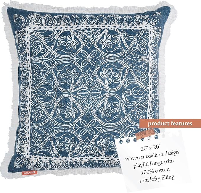 Indigo Ink - Decorative Pillow, Medallion Pillow with Fringe, Throw Pillows for Couch or Bed, Boho Home Decor, 20" x 20" (White Denim Collection, Navy Blue)