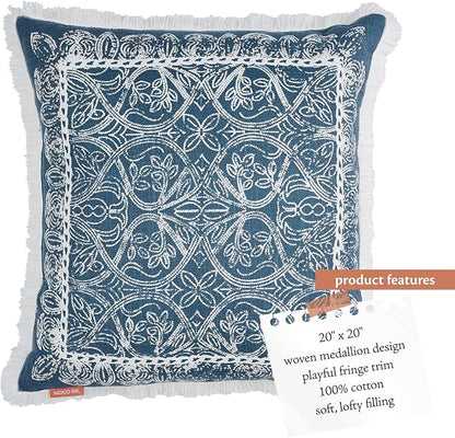 Indigo Ink - Decorative Pillow, Medallion Pillow with Fringe, Throw Pillows for Couch or Bed, Boho Home Decor, 20" x 20" (White Denim Collection, Navy Blue)