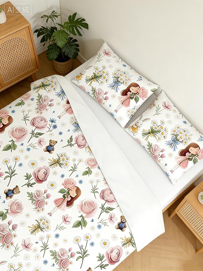 Girls Priness Comforter Set Kids 5Pcs Twin Size Bed in A Bag Pink Botanical Rose Bedding with Rabbit Bear Pattern, 1 Quilted Comforter(68"x86")&2 Pillowcase&1 Flat Sheet &1 Fitted Sheet