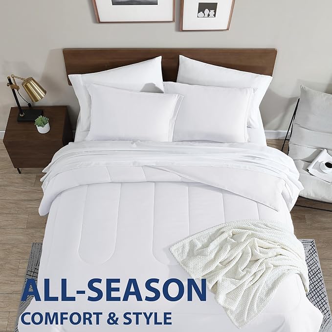 Cathay Home Basic Bedding Home Essential Ultra Soft Lightweight 6PC Wrinkle Resistant Microfiber Bed in a Bag Set (Includes Complete Sheet Set, Comforter Set & Bedskirt) - Twin, White