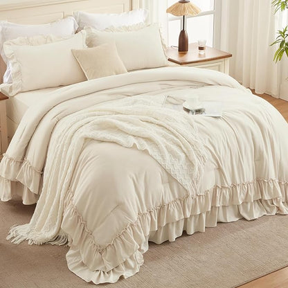 Andency Beige Comforter Set King Size, 3 Pieces Lightweight Fluffy Solid Ruffle Comforter Set, All Season Soft Microfiber Farmhouse Shabby Chic Bed Set(Beige, 104x90Inch)