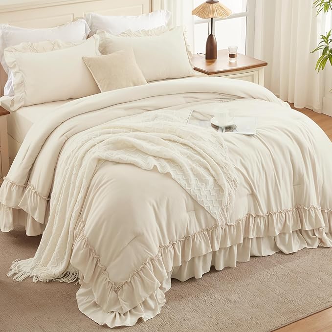 Andency Oversized King Ruffle Comforter Set, 3 Pieces Shabby Chic Farmhouse Bedding Set, Lightweight Soft Comforter Set 120x98 for Girls Women (1 Comforter 2 Pillowcases), Beige