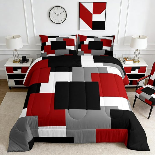 Castle Fairy Red Grey Black Comforter Set Toddler Size 2 Pcs,Geometric Grid Square Splicing Bedding Set,Modern Abstract Quilt Set for Child Bedroom,Duvet Insert,1 Pillowcase