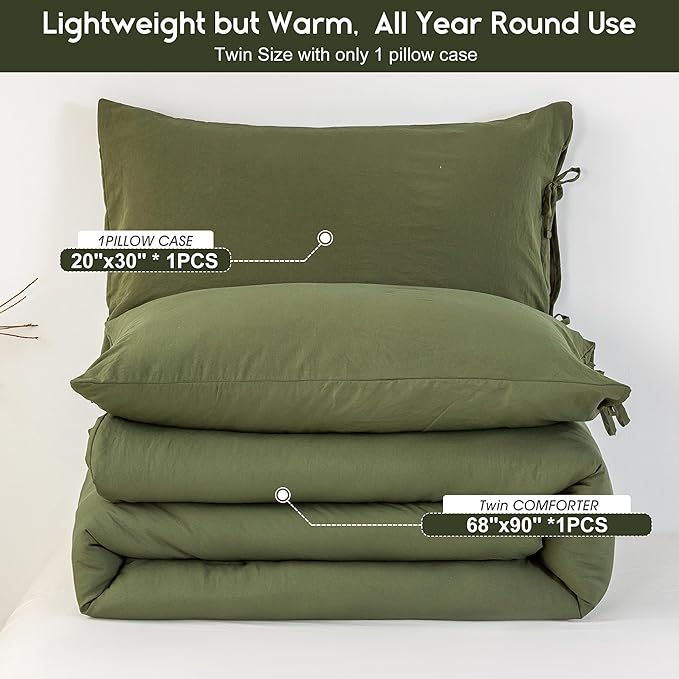 Softness Solid Olive Green Twin/Twin XL Bed Comforter Set - Lightweight Cozy Modern Polycotton Bed Blanket for Kid Teen Children All Season Use - 1 Down Alternative Comforter & 1 Pillowcase