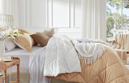 NexHome Queen Comforter Set Beige&White,3 Pieces Lightweight Comforters Queen Size Reversible Bedding Comforters Sets,Down Alternative Comforter Bed Set Quilt Blanket(88x88In Comforter & 2 Pillowsham)