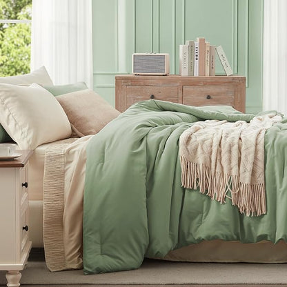 Anluoer Sage and Cream Full Comforter Set 7 Pieces, Bed in a Bag with Sheets, All Season Bedding Sets with 1 Comforter, 2 Pillow Shams, 2 Pillowcases, 1 Flat Sheet, 1 Fitted Sheet
