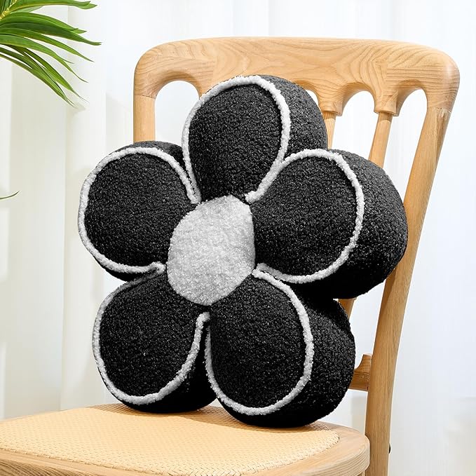Sioloc Flower Shaped Pillow Daisy Pillows Floor Cushion Pastel Cute Seat Cushions Aesthetic Classroom Dorm Decorative Fun Throw Pillow for Bed,Couch(Black,19.7")