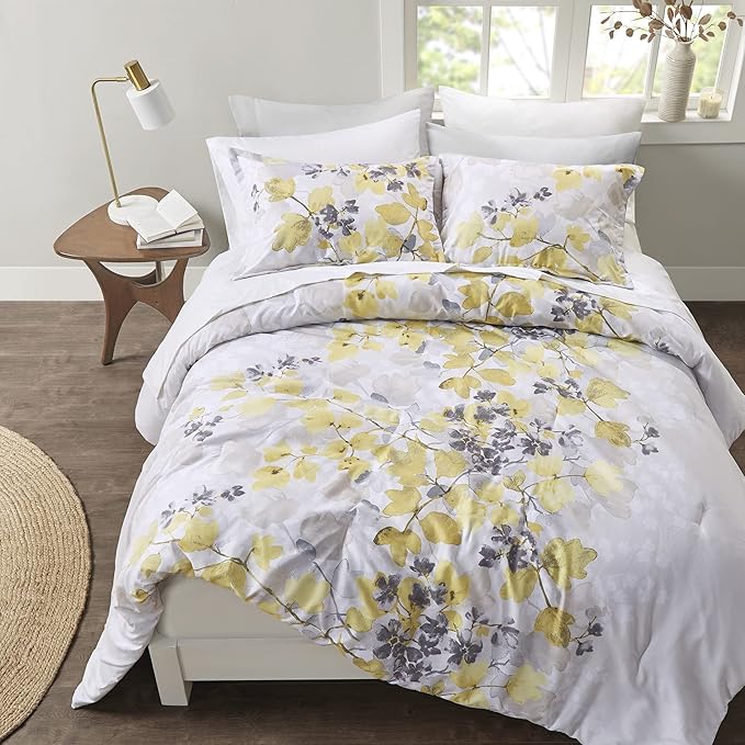 Madison Park Essentials Bed in A Bag - Trendy Casual Design Cozy Comforter with Complete Sheet Set with Side Pocket, All Season Cover, Matching Shams, King, Alexis, Leaf Yellow 9 Piece