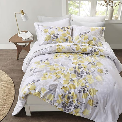 Madison Park Essentials Bed in A Bag - Trendy Casual Design Cozy Comforter with Complete Sheet Set with Side Pocket, All Season Cover, Matching Shams, King, Alexis, Leaf Yellow 9 Piece