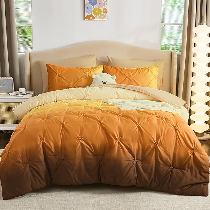 Dinjoy Ombre Comforter Set Twin Size, 5-Piece Bed in a Bag for Kid Teen, Pintuck Colorful Rainbow Bedding Sets with Comforter, Flat Sheet, Fitted Sheet and Pillowcases & Shams, Orange