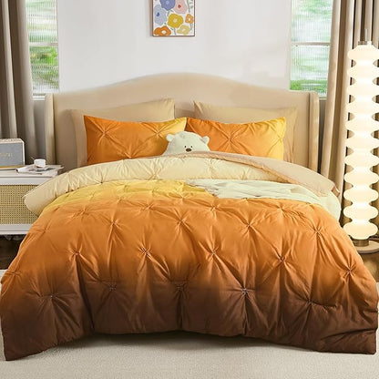 Dinjoy Ombre Comforter Set Twin Size, 5-Piece Bed in a Bag for Kid Teen, Pintuck Colorful Rainbow Bedding Sets with Comforter, Flat Sheet, Fitted Sheet and Pillowcases & Shams, Orange