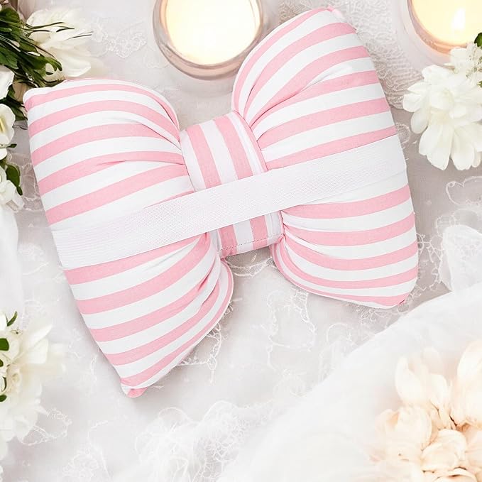Little Pink Bow Pillows Car Decorative 10x9.5 inch, Stripes Shaped Headrest Pillow for Car Cotton Handmade Cushion Striped Case Washable Coquette for Sofa Office Neck Lumbar Aesthetic Room Home Decor