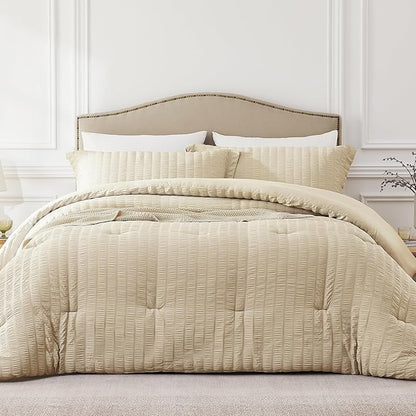 King Comforter Set Linen,3PCS Seersucker Lightweight Bedding Comforter for All Season, King Size(104''×90'' Comforter & 2 Pillowcases)