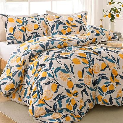 MUXHOMO Lemon Blossom Bed in a Bag King 7 Pieces, King Comforter Set Reversible Botanical Flowers Design, Ultra Soft & Breathable Bedding Sets with Comforter, Sheets, Pillowcases & Shams