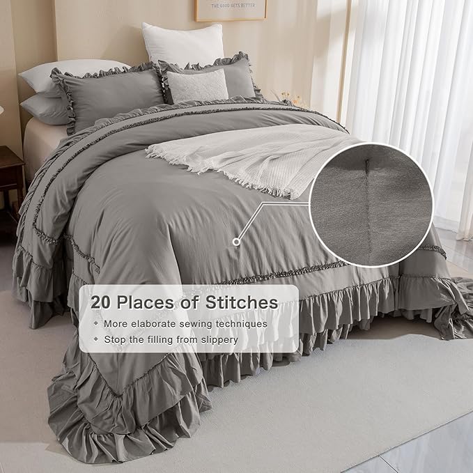 Masaca Grey Oversized King Comforter 120x120,Farmhouse Shabby Boho Chic Gray Ruffled California King Comforter Oversized,Vintage French Country Bedding Comforter with Ruffles for All Season