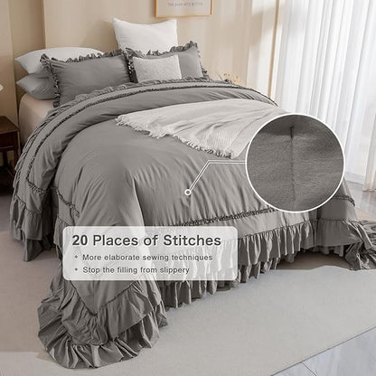 Masaca Grey Oversized King Comforter Set 128x120,Shabby Boho Chic Ruffle Bedding Comforter Extra Large King Size,French Country Rustic Farmhouse Bedding 3PCS (1 Ruffled Comforter+2 Pillow Shams)