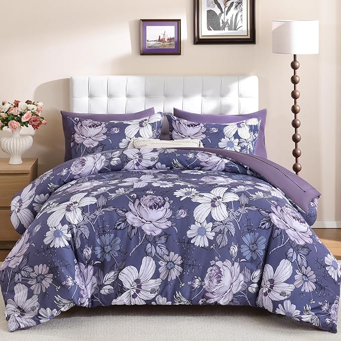 Luxudecor Queen Comforter Set 7 Pieces Bedding Sets,Grayish Purple Floral Comforter and Sheet Set, Soft Microfiber Bed in a Bag for All Seasons (Grayish Purple,90"x90")