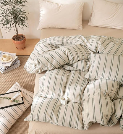 VM VOUGEMARKET Greyish-Green Striped Comforter Set Queen Modern Comforter with 2 Pillowcases Soft Lightweight Washed Cotton Bedding Set Bed in a Bag Queen Comforter Set for Teens Adults