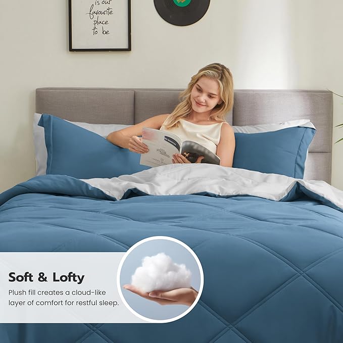 JOIEDOMI Full Size Comforter Set with Sheets Blue, 7 Pieces Full Size Bed Set with 1 Down Alternative Comforter, 1 Flat Sheet, 1 Fitted Sheet, 2 Pillowcases and 2 Pillow Shams Bed in a Bag All Seasons