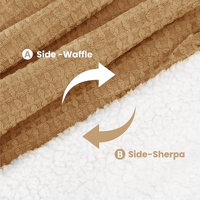 Heated Blanket Electric Blanket King Waffle, 90x100 Inches Dual Controllers Sherpa Fleece Fast Heating Blanket 6 Heating Levels & 10 Hours Auto Off ETL Certification, Caramel King