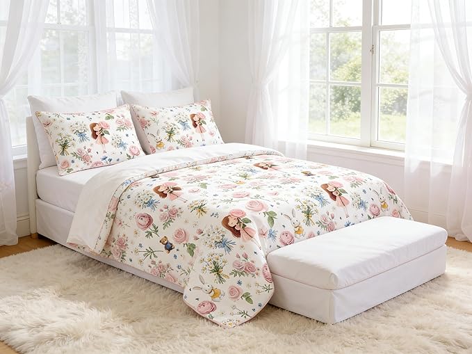 Girls Priness Comforter Set Kids 5Pcs Twin Size Bed in A Bag Pink Botanical Rose Bedding with Rabbit Bear Pattern, 1 Quilted Comforter(68"x86")&2 Pillowcase&1 Flat Sheet &1 Fitted Sheet