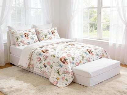Girls Priness Comforter Set Kids 5Pcs Twin Size Bed in A Bag Pink Botanical Rose Bedding with Rabbit Bear Pattern, 1 Quilted Comforter(68"x86")&2 Pillowcase&1 Flat Sheet &1 Fitted Sheet