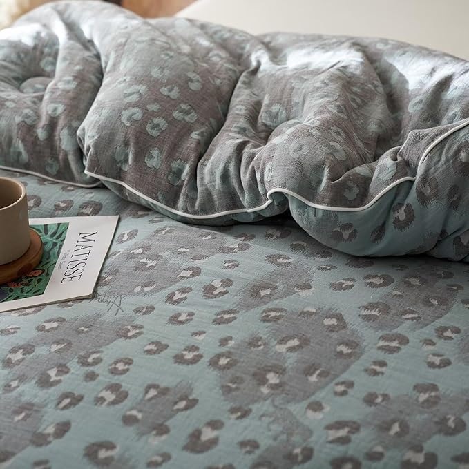 MKXI Double Layer Muslin Cotton Comforter Set King Size Leopard Print Shabby Chic Bedding Comforter Set Soft Breathable Grey and Green Floral Animal Cheetah Lightweight Bed Comforter for All Season
