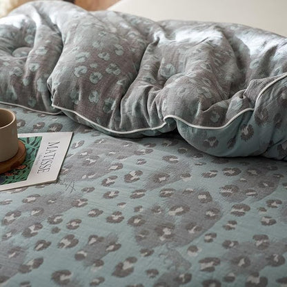 MKXI Double Layer Muslin Cotton Comforter Set Full Size Leopard Print Shabby Chic Bedding Comforter Set Soft Breathable Grey and Green Floral Animal Cheetah Lightweight Bed Comforter for All Season