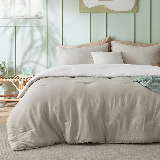 Bedsure Full Comforter Set, Beige White Soft Prewashed Bedding for All Seasons, 3 Pieces GentleSoft™ Bed Set, 1 Lightweight Comforter (82"x86") and 2 Pillowcases (20"x26")