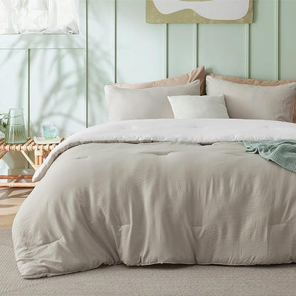 Bedsure King Comforter Set, Beige White Soft Prewashed Bedding for All Seasons, 3 Pieces GentleSoft™ Bed Set, 1 Lightweight Comforter (104"x90") and 2 Pillowcases (20"x36")