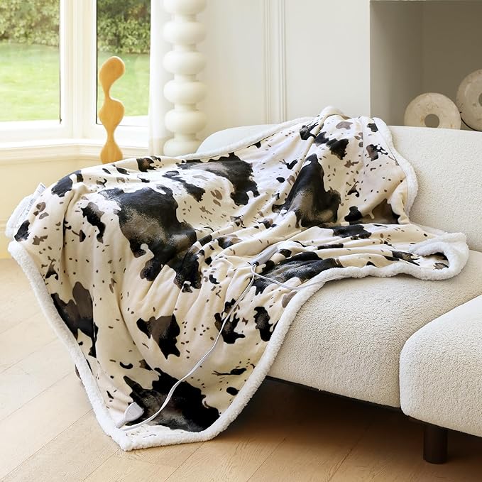 Cow Print Heated Throw Blanket Electric Blanket-Heating Blanket Throw with 10 Heat Levels & 10 Hours Auto-Off, Cozy Soft Fleece Sherpa, Washable, 50 x 60 Inches Cow Print Light Brown