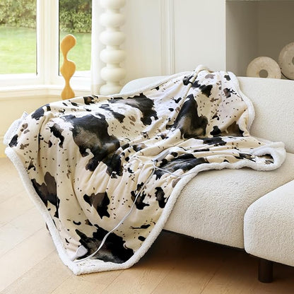 Cow Print Heated Throw Blanket Electric Blanket-Heating Blanket Throw with 10 Heat Levels & 10 Hours Auto-Off, Cozy Soft Fleece Sherpa, Washable, 50 x 60 Inches Cow Print Light Brown