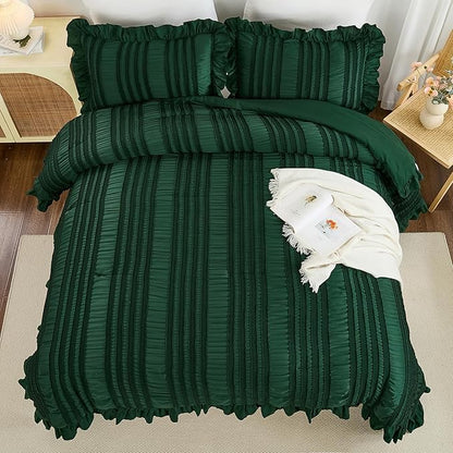 WONGS BEDDING King Size Comforter,Christmas Emerald Green Boho Comforter Set King,Shabby Chic Bedding Set for Bed, 3 Pieces Soft Lightweight Farmhouse Comforter for All Season 104"×90"