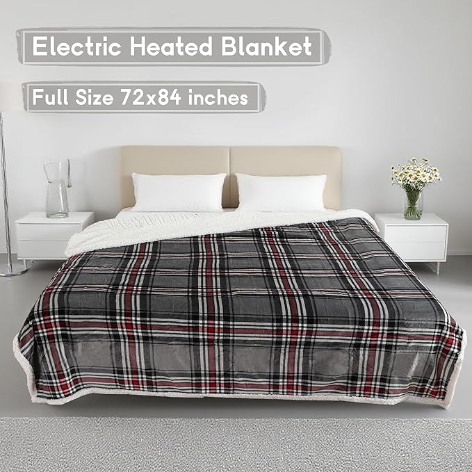 Heated Blanket Electric Blanket Full Size 72''x84'' with 10 Heating Levels, 12 Hour Auto Shut Off, Machine Washable, Flannel & Sherpa Soft Warming Blanket for Couch, Bed, Office - Gray & Red