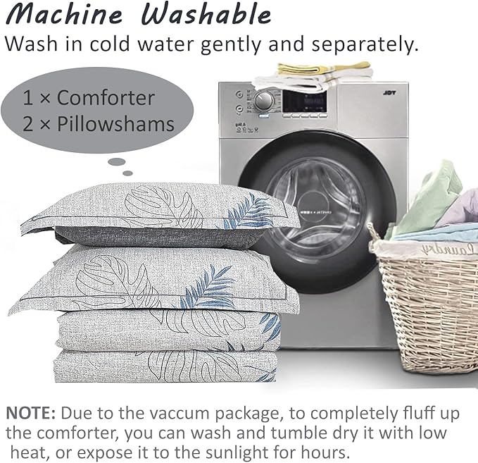 ALESSEL Natural Cotton 3pcs Botanical Comforter Set - Queen Size, Dark Gray Comforter with Blue & Gray Leaves, Reversible Lightweight Floral Bedding Sets