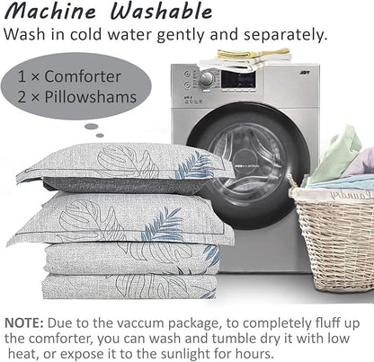 ALESSEL Natural Cotton 3pcs Botanical Comforter Set - Queen Size, Dark Gray Comforter with Blue & Gray Leaves, Reversible Lightweight Floral Bedding Sets