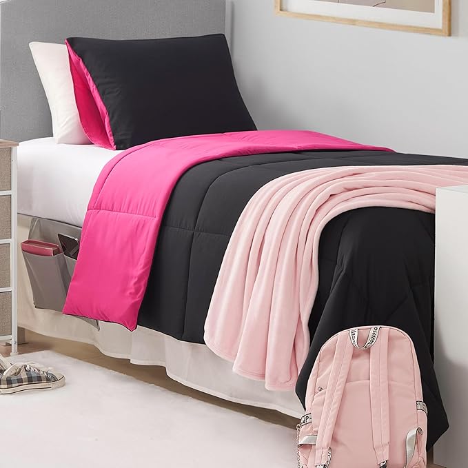 Reversible Box Stitch Comforter Set, 3-Piece Full/Queen – Hot Pink/Black – Stylish Bedding Set