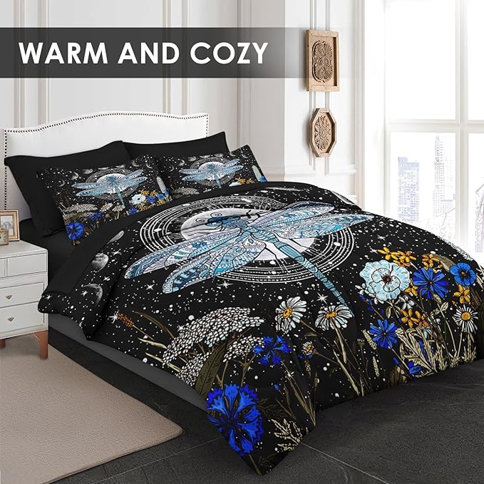 Comforter Set King Size, Dragonfly Flower Plant Bedding for Kids and Adults, Sun Moon Vintage Black Gold Bed Sheet Sets with Fitted Sheet 2 Pillowcases & 2 Shams for Bedroom Bed Decor