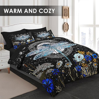 Comforter Set Full Size, Dragonfly Flower Plant Bedding for Kids and Adults, Sun Moon Vintage Black Gold Bed Sheet Sets with Fitted Sheet 2 Pillowcases & 2 Shams for Bedroom Bed Decor