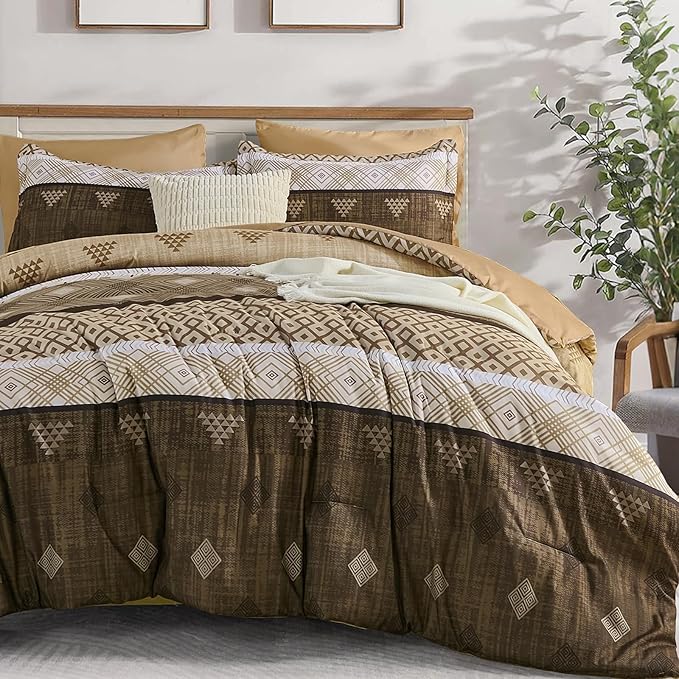 Xruibed Brown Queen Comforter Set 7 Pieces, Boho Striped Bed in a Bag Queen Size Soft Microfiber All Season Bedding Set with Comforter, Sheets, Pillowcases & Shams(90"×90")