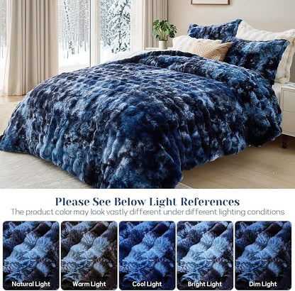 DAICO 3 Pieces Fluffy Faux Rabbit Fur Comforter Set Queen Size Tie Dyed Navy Plush Fuzzy Bubble Comforter Bedding Set Warm Cozy Bedding Comforter Sets for Winter, 1 Comforter and 2 Pillowcases