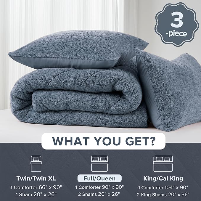 Comfort Spaces Queen Comforter Set Reversible Feather-Soft Plush Comforters for Queen Size Bed All Season Lightweight Shearling Fleece Sherpa Comforter Queen Size Bed Set, Full/Queen, Blue 3 Piece