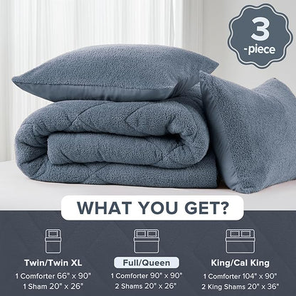 Comfort Spaces Queen Comforter Set Reversible Feather-Soft Plush Comforters for Queen Size Bed All Season Lightweight Shearling Fleece Sherpa Comforter Queen Size Bed Set, Full/Queen, Blue 3 Piece