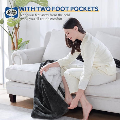Sealy Electric Blanket with Foot Pocket for Adults, Flannel & Sherpa Heated Blanket Throw with 6 Heating Levels & 2-10 Hours Auto Shut Off, Fast Heating & Machine Washable, 50x62 Inch, Dark Grey