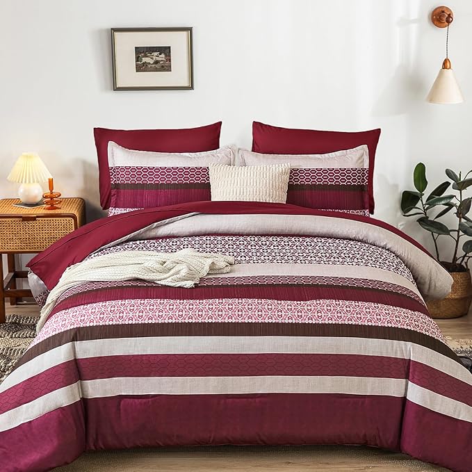 DJY Boho Comforter Set Queen Size,7 Pieces Bed in a Bag Burgundy Red Striped Bedding Sets,Patchwork Soft Microfiber Bedding Set for All Season(90"×90")