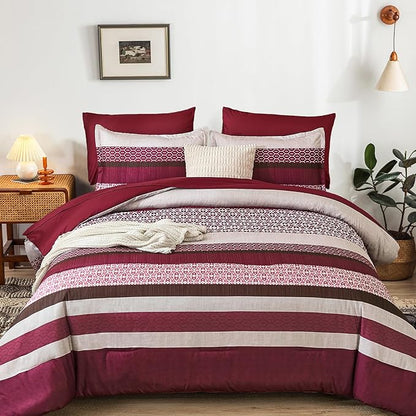 DJY Boho Comforter Set Queen Size,7 Pieces Bed in a Bag Burgundy Red Striped Bedding Sets,Patchwork Soft Microfiber Bedding Set for All Season(90"×90")