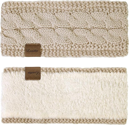 Loritta 2 Pack Headbands for Women Winter Warm Cable Knit Ear Warmer Thick Head Wrap Fuzzy Fleece Lined Gifts