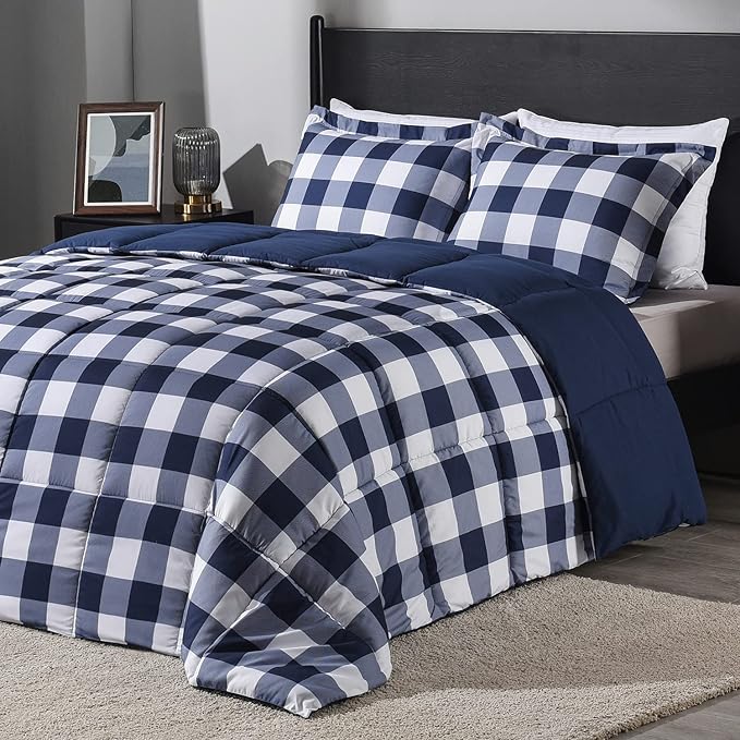 downluxe Lightweight Plaid Comforter Set (King) with 2 Pillow Shams - 3-Piece Set - Blue/White Plaid - Down Alternative Reversible Comforter