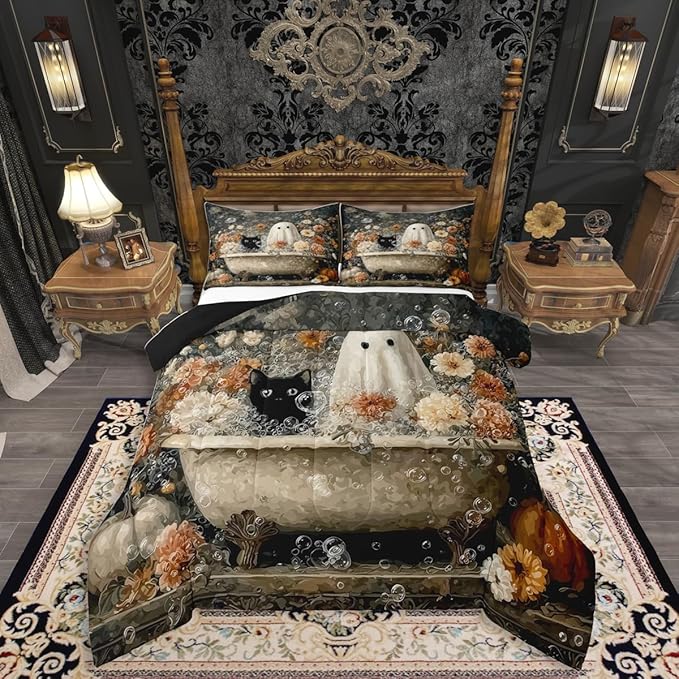 Erosebridal Halloween Vintage Ghost Queen Comforter Set, Boho Floral Boho Bathtub Bedding Set for Kids Boys Girls Halloween Bedroom Decor, Mystical Ghost Cat Comforter, Spooky Bubble Bath Art Quilt