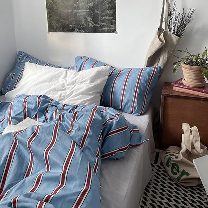 mixinni Vintage Blue & Red Striped Comforter Set Full Size - Soft Cotton 3-Piece Bedding Set (1 Comforter + 2 Pillowcases), Retro Geometric Stripes Pattern, All-Season Lightweight & Breathable